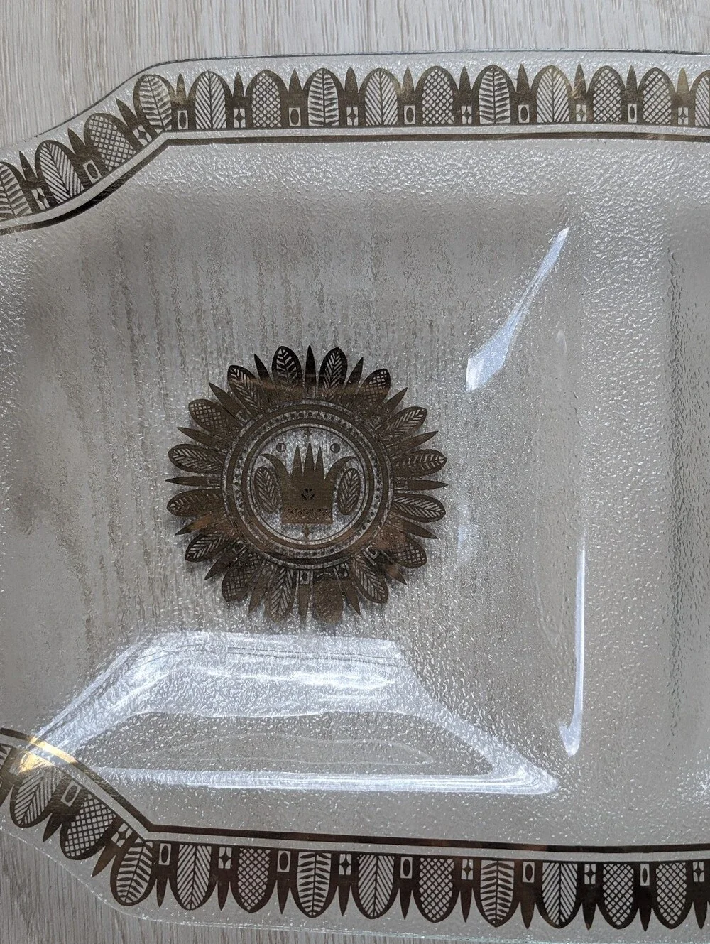 Vintage Georges Briard Glass Tray, Teak Handles, Gold & Brown Design.